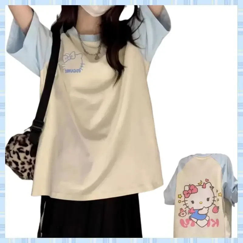 helloKitty top t-shirt Miniso Sanrio kitcat clothing summer Light blue japan Korean casual Soft comfortable outdoor wear clothes