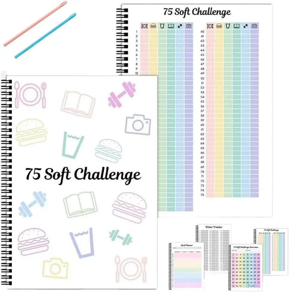 

75-Day Soft Challenge Planner Notebook, 75 Easy Target Tracker Journal –12 PAGES Editable Spiral Organizer Notepad with Weekly