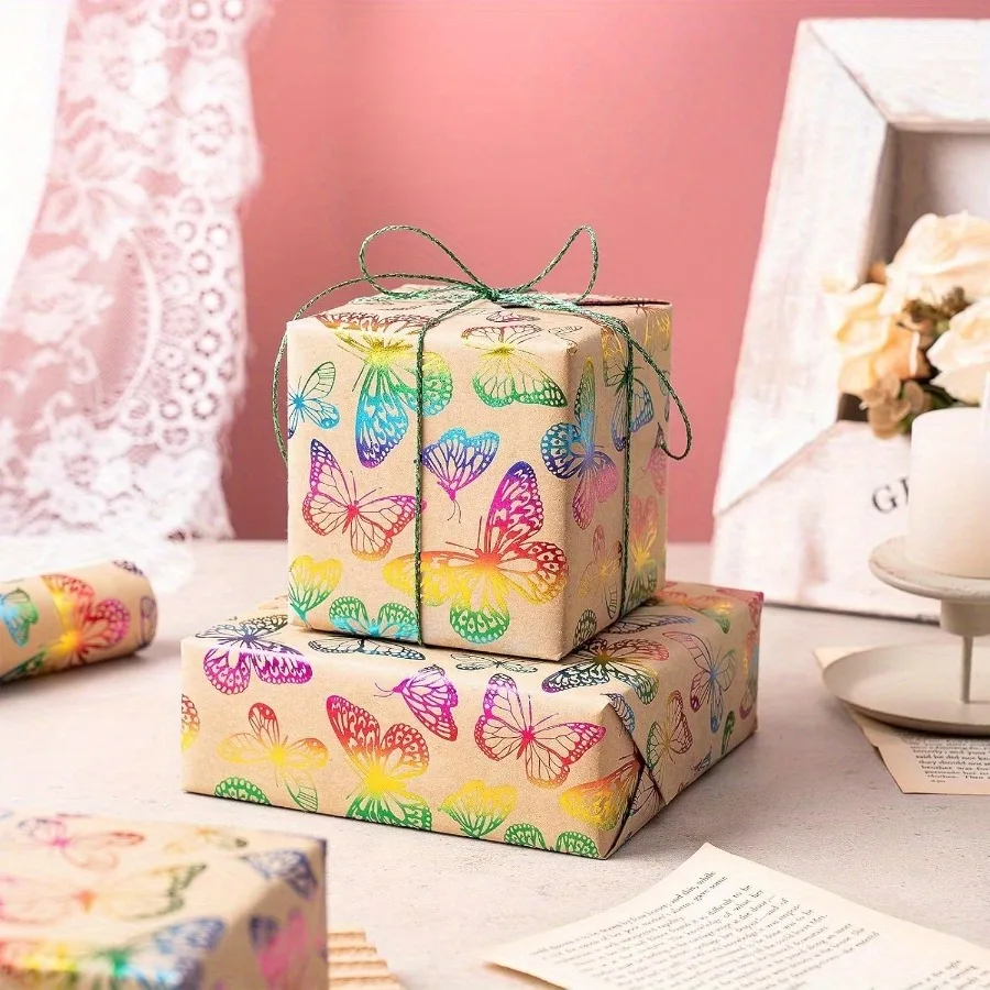Gold Leaf Butterfly Gift Wrapping Paper, Laser Packaging Paper（43x300cm), Suitable for Birthdays and Party Parties