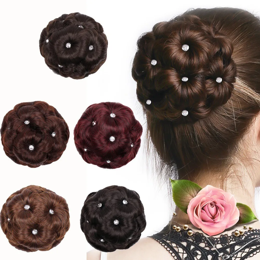 Synthetischer Haarknoten mit Strasssteinen, bunt glänzend, für Frauen, Pferdeschwanz-Haarspange, lebensechtes Haarteil, Styling-Tools