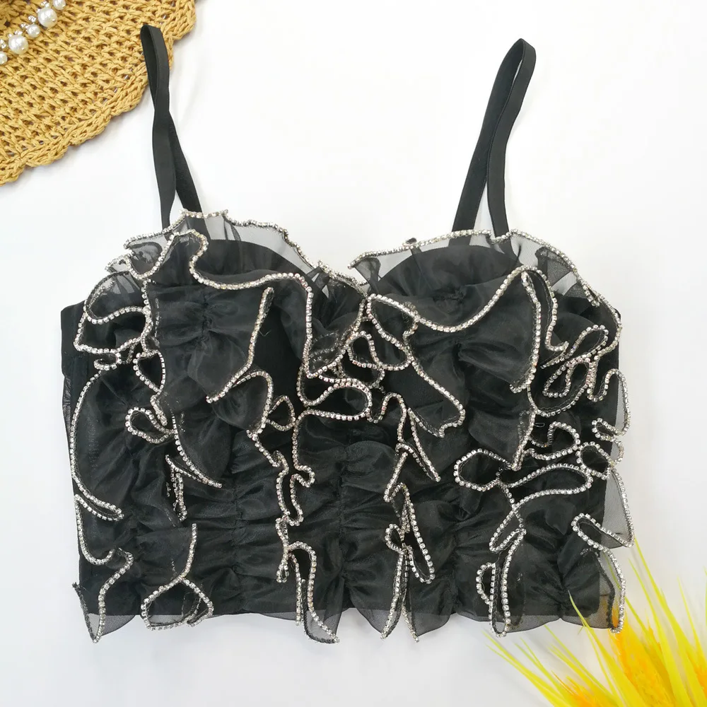 Sexy Lady Diamond Wavy Lace Fungus Lotus Leaf Edge Performance Stage Bra Female Top Women's Bralette Cropped Top Vest Plus Size