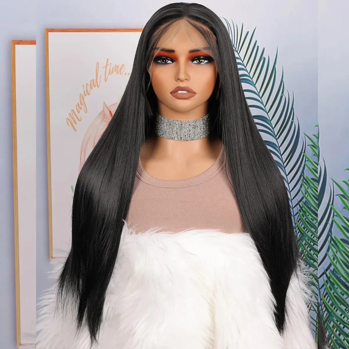 Nuovo prepizzicato nero morbido senza colla 180 densità diritto serico parrucca anteriore in pizzo sintetico capelli del bambino 26 "lungo resistente al calore quotidiano