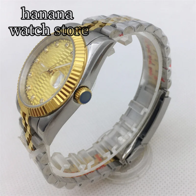 BLIGER NH35A Мужские механические часы 36 мм 39 мм встраиваемый безель Сапфировое стекло Золотой циферблат Двухцветный браслет из нержавеющей стали с датой