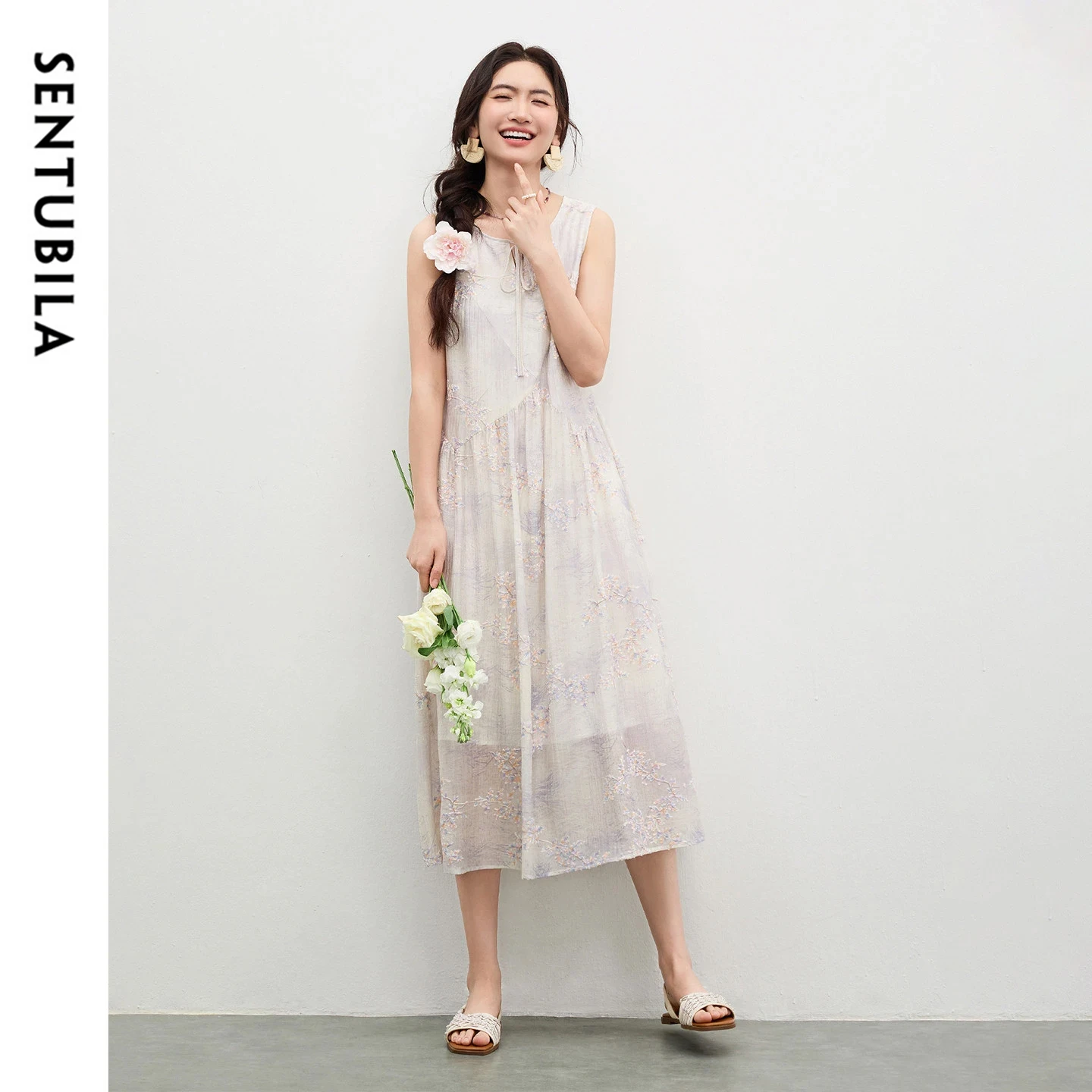 

SENTUBILA A-Line Dress for Women 2026 Summer New Elegant Lyocell Floral Print Embroidery Textured Tie Neck Tank Dress 162LI5881