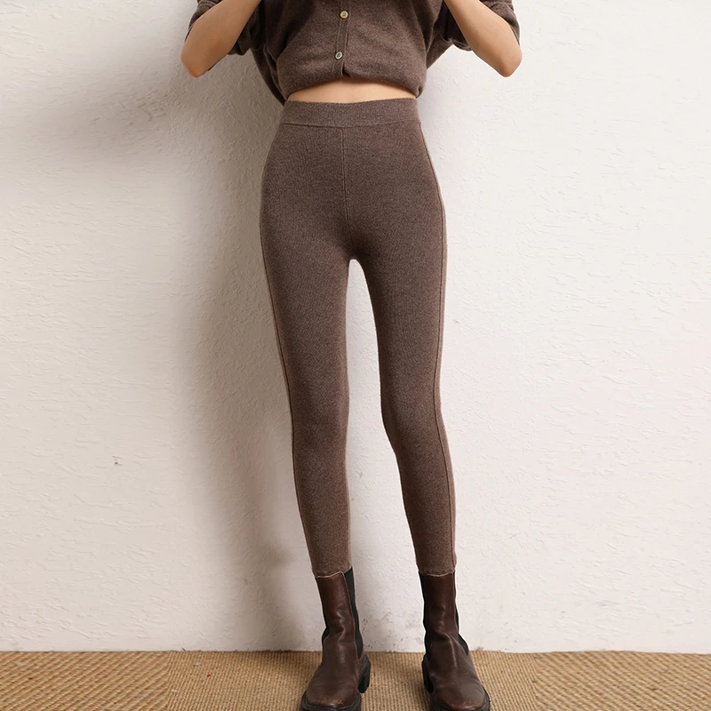 Hot Sale Women's 100% Cashmere Tight Fit Leggings Autumn Winter Highly Elastic Cashmere Knitted Leggings Basic Warm Soft layer