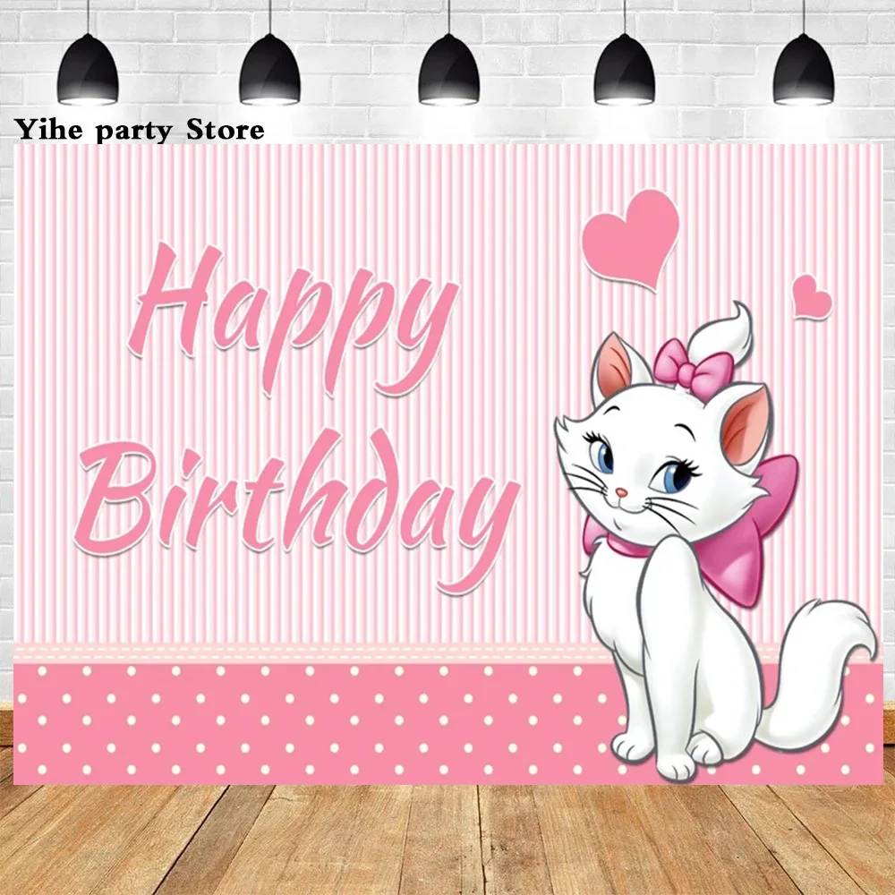 Fondo de decoración de fiesta de cumpleaños de niña, lindo gato María Rosa, tema de Los Aristogatos, estudio fotográfico personalizado a rayas