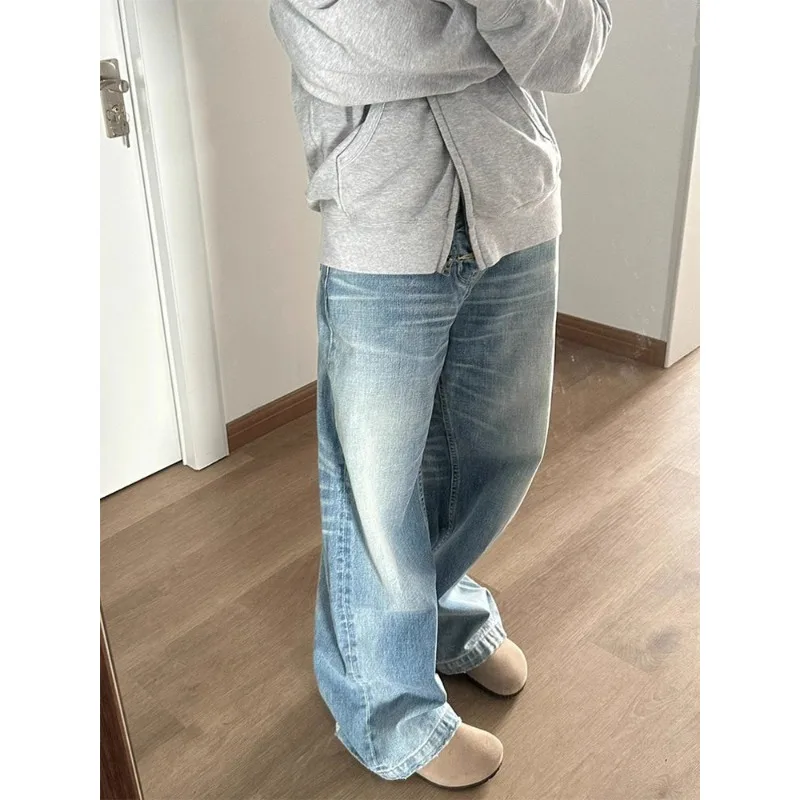 QWEEK Vintage Straight Blue Jeans Woman Baggy High Waist Basic Denim Pants Korean Fashion Y2k Streetwear Wide Leg Trousers 2024