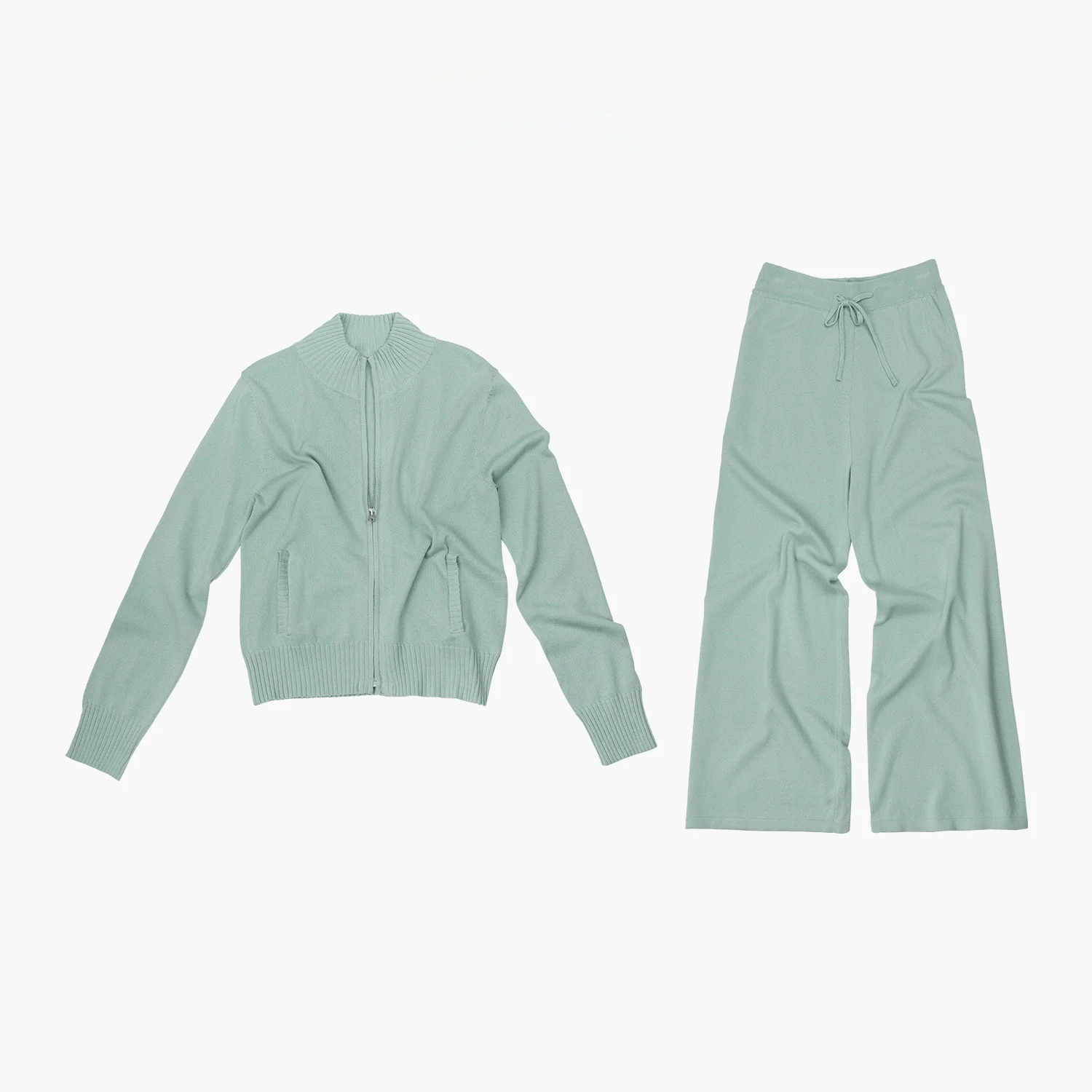 

Mint Wave Lyrca Thin Zipper Knitted Sporty Casual Set Women's Fashion Summer Outfit Long Sleeve Regular Length Zipper Closure