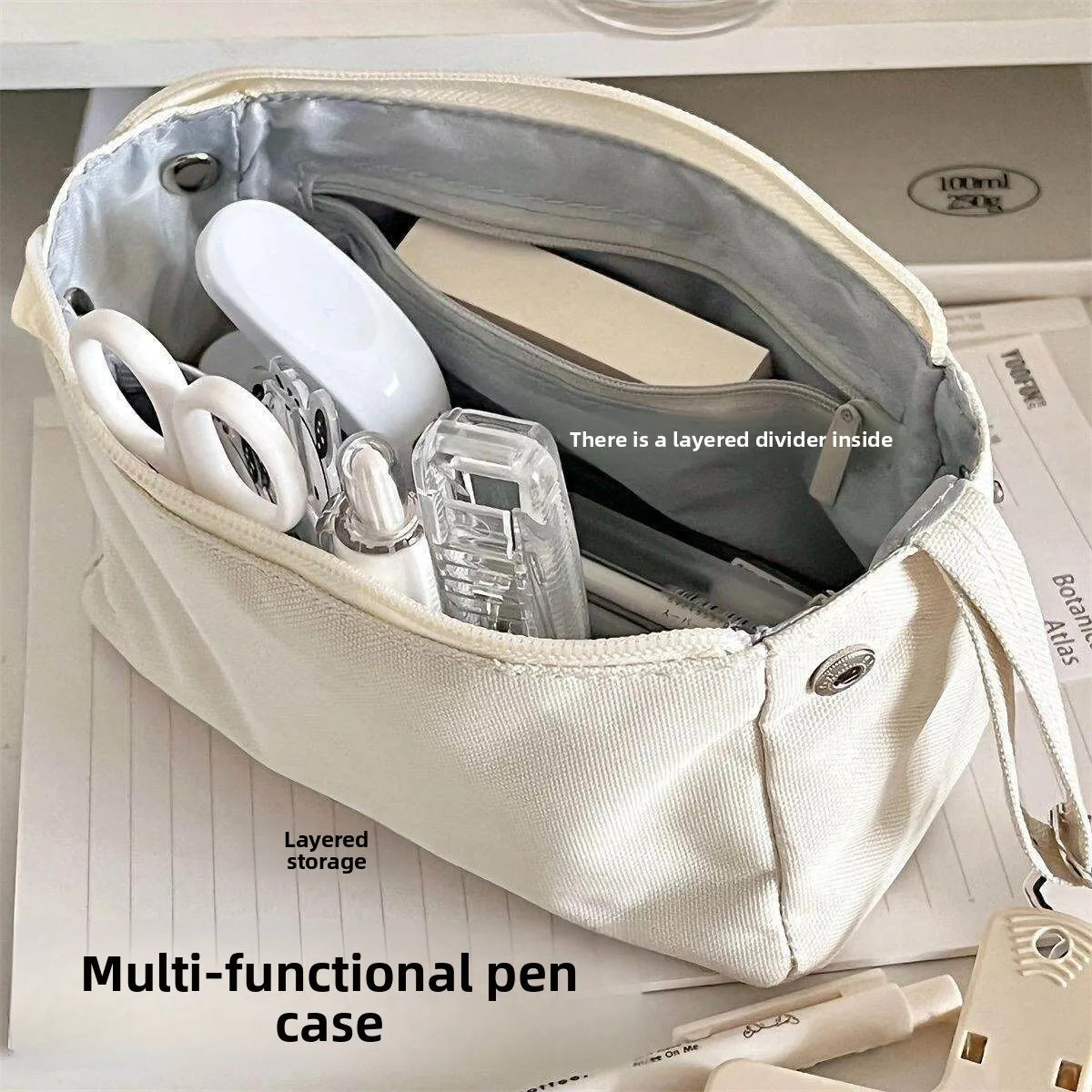 High Capacity Canvas Pencil Case Pure Color Organizer for Students Double Layer Design Simple Style Storage Bag for Pencils