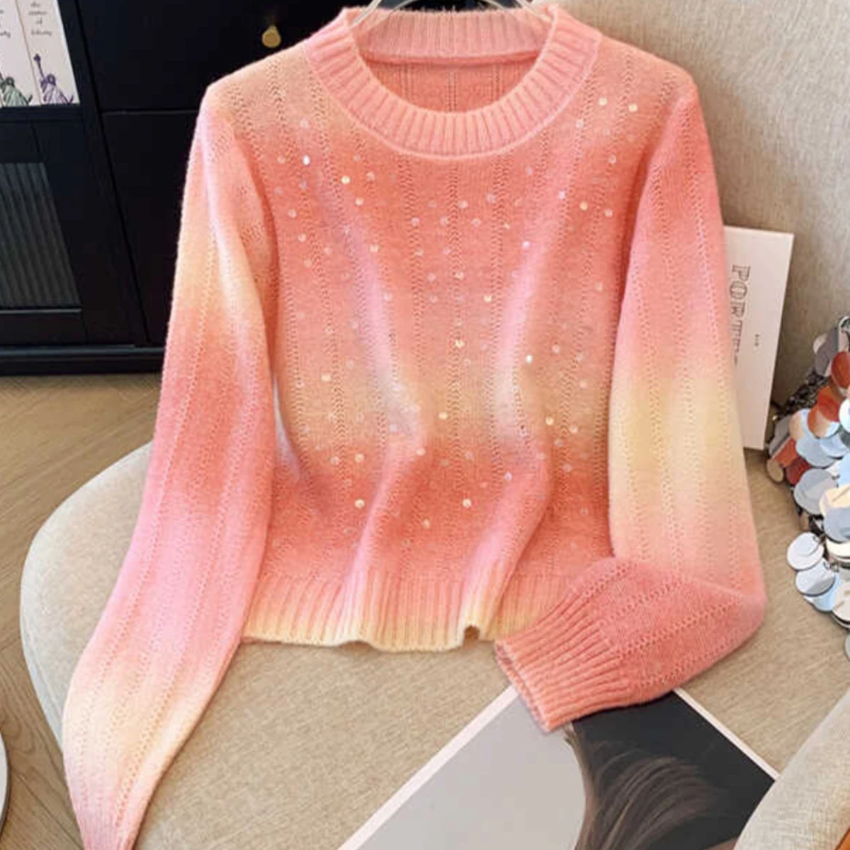 

Нежный ветер, Радужный градиентный свитер с блестками, женский весенне-осенний новый стильный свободный ленивый элитный блестящий вязаный свитер с круглым вырезом