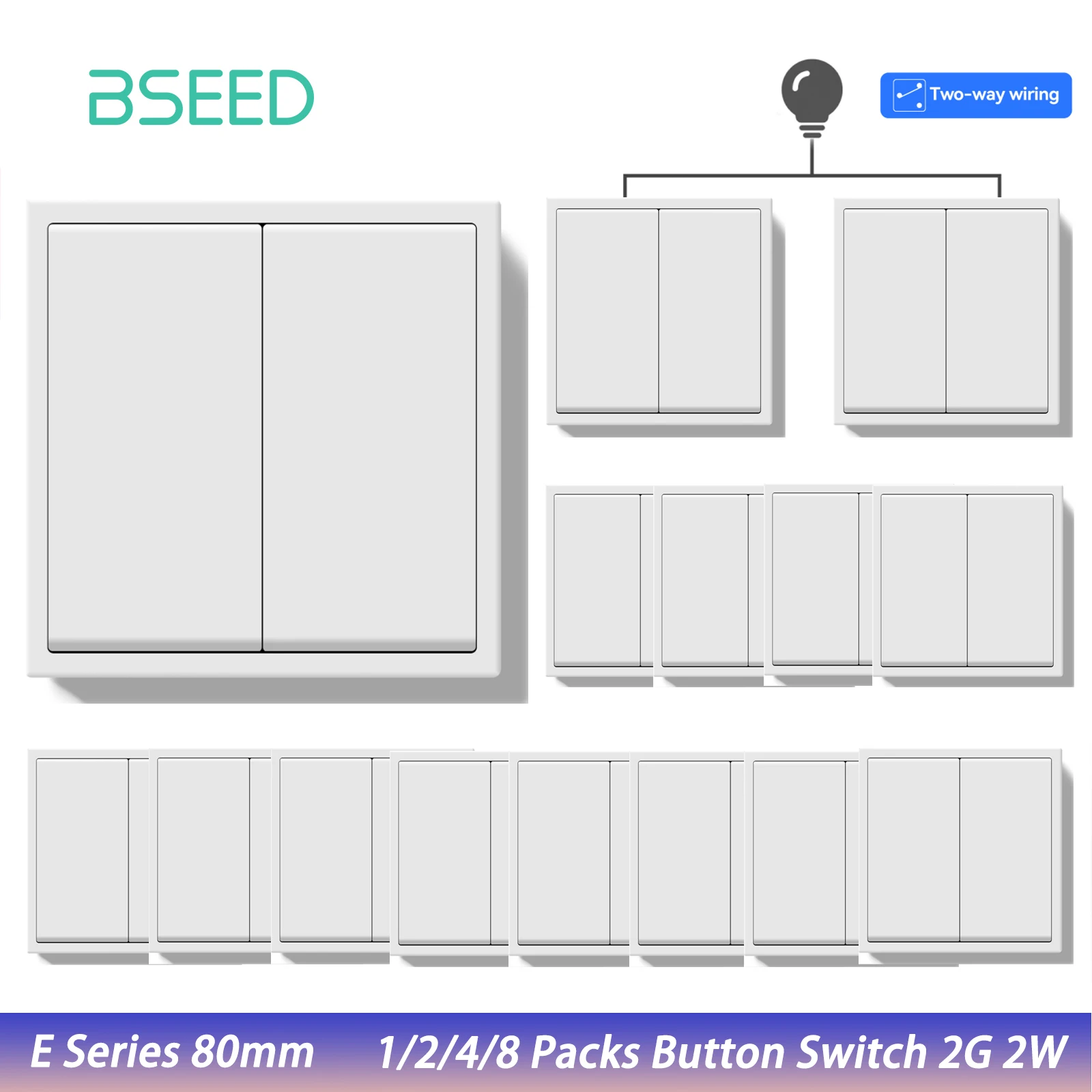 BSEED E Series 1/2/4/8 Packs 2Gang 2Way Button Light Switch Wall Light Switch On Off For Stairs Plastic Frame Bulk Set