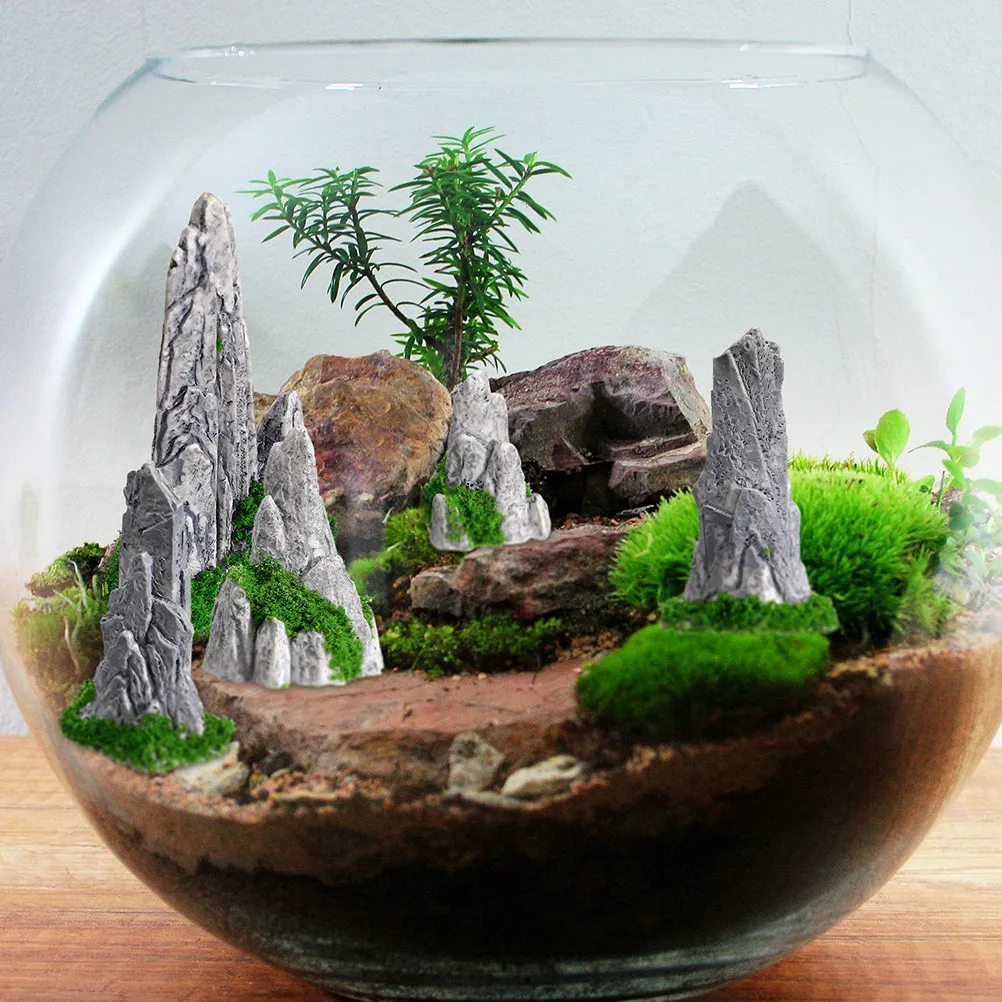 8Pcs Resin Miniature Rockery Fake Mountain Statues Small Decoration for Indoor Bonsai Fish Tank Micro Garden Landscape