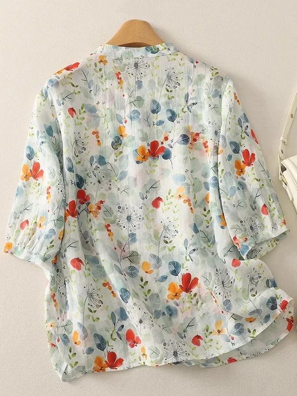 الرجعية الأزهار طباعة الكتان ort Sve irt المرأة الصيف رقيقة فضفاضة التخسيس عادية V-Ne القطن الكتان الأعلى مريحة تناسب #2