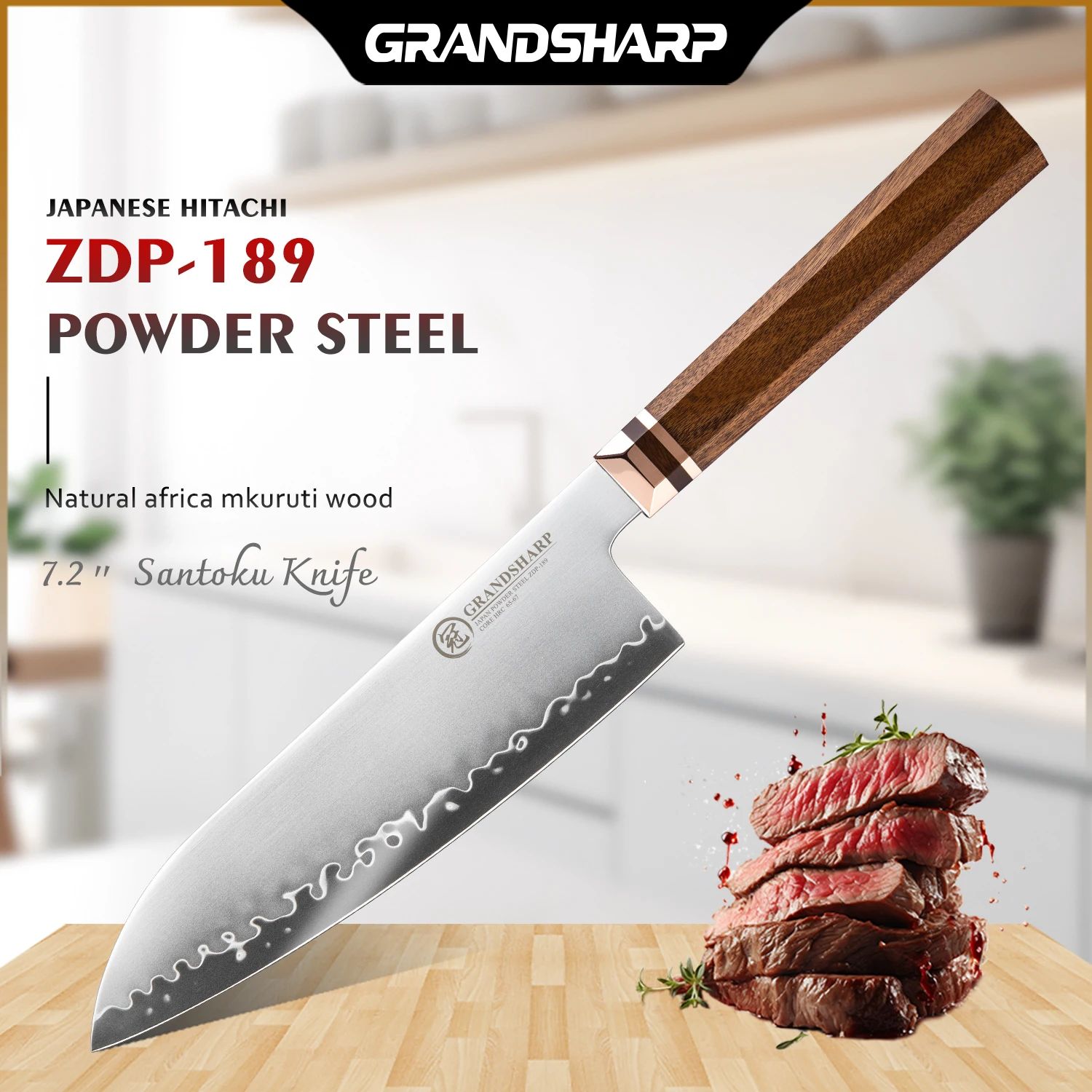 Grandsharp 7.5''Santoku Knife ZDP-189 Steel Core Africa Mkuruti Wood Handle Ergonomic Design Precision Kitchen Cutting Knife