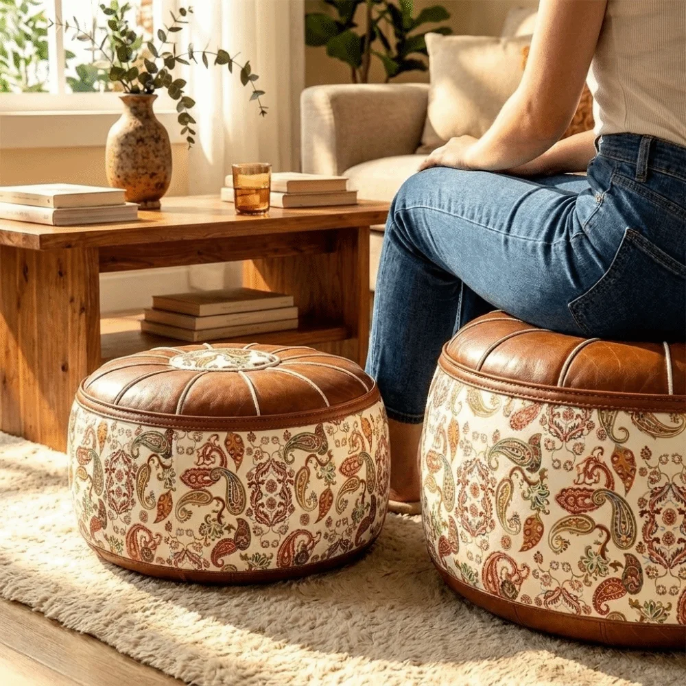 PU Leather Seat Cushion Cover Vintage Unstuffed Sofa Stool Cover Space-Saving Folding Clothes Storage Bag Leisure