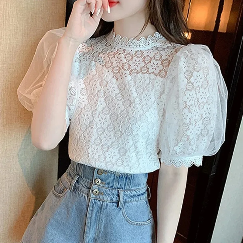 Elegant Short Puff Sleeve White Shirt for Women, Sweet Lace Blouse, Korean Stand Collar Tops, Summer Sweet Clothes, 27168