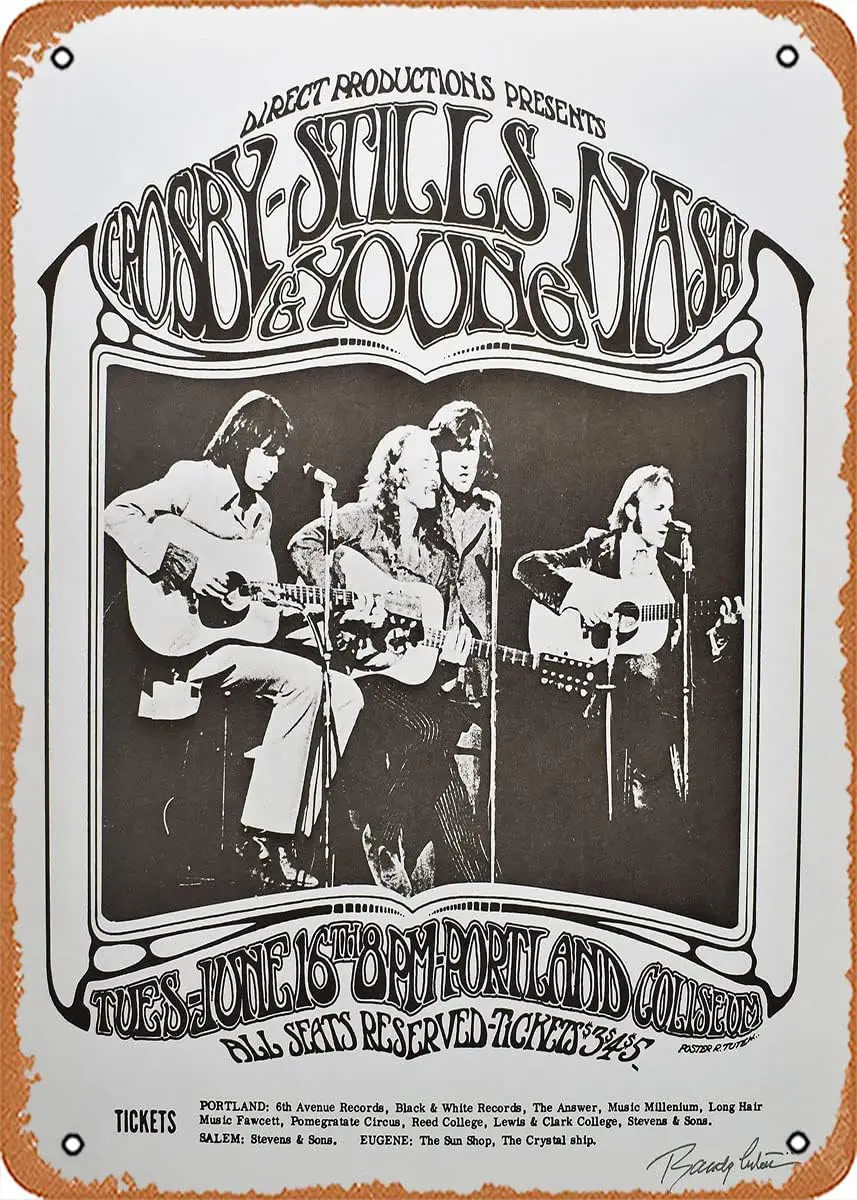 1P,Crosby Stills Nash & Young Concert Poster 1970 Signed Randy Tuten White Variant Retro Tin Sign Funny Novelty Metal Sign A