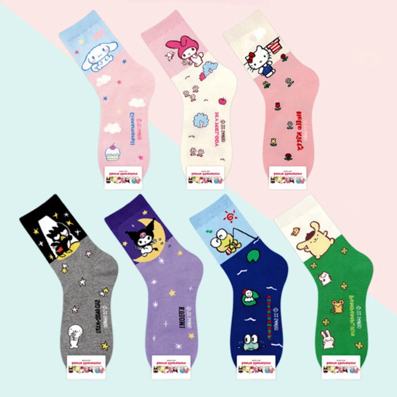 

Korean New Women's Socks Cartoon Cute HelloKitty Kuromi Melody Jade Gui Dog Colored Mid Cap Girls' Socks