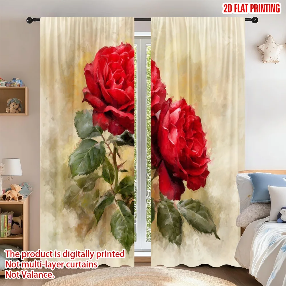 

2D flat printing 2pcs Curtain Window Curtains Valentine's Day Red Roses Digital Printed Polyester Drapes Birthday Party Use for