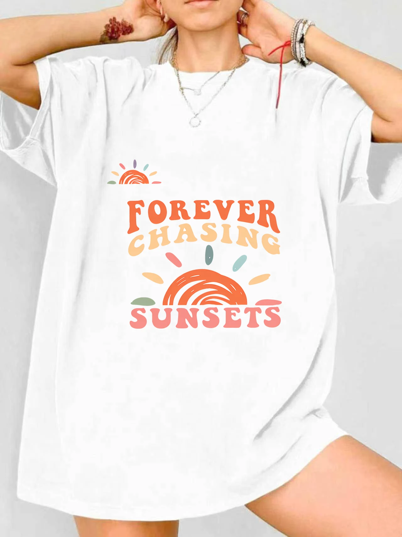 

【ZXH1111】Sun print plus size women's round neck summer casual short sleeved street fashion versatile plus size T-shirt