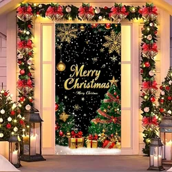 Festive Red And Green Christmas Door Cover Banner Merry Christmas Banner With Glittery Christmas Tree Elk Snowflakes