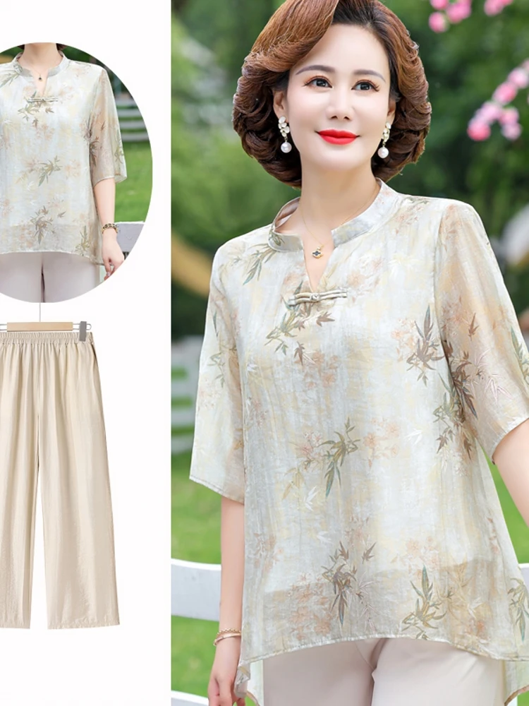 

Lightweight Short Sleeve Chiffon Mommy's Outfit Two-Piece Set Comfortable Loose Fit round Neck T-Shirt for Middle-Aged Women