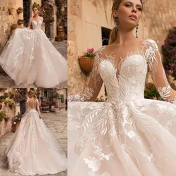 Vestidos De novia De línea A con cuello transparente, vestidos De novia De encaje De manga larga, bata De Oriente Medio, vestido De novia De playa personalizado, 2024
