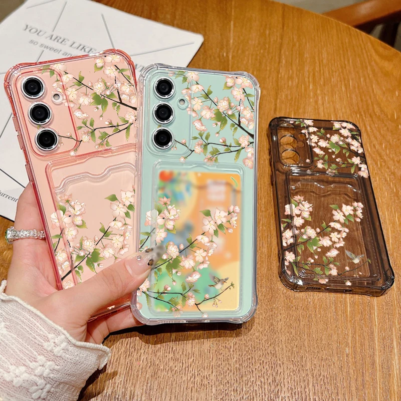 Cherry Blossom Card Case For Samsung Galaxy S24 S25 S23 S22 Ultra S21 FE A52 A53 A14 A34 A54 A15 A25 A35 A55 5G A16 A26 A36 A56