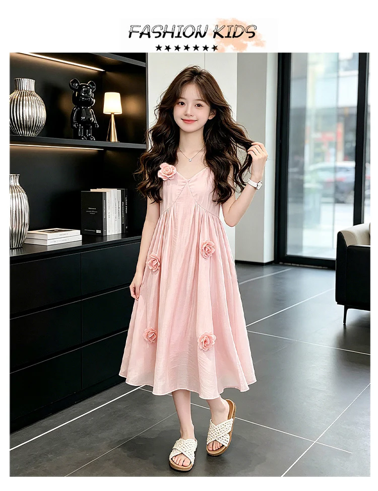 Elegante ärmellose Spaghettiträger-Kleider für Mädchen, Sommer-Urlaubskleidung, Strandkleid, Kinder-Blumen-Slip-Kleid, Schlafanzug – Detail 2