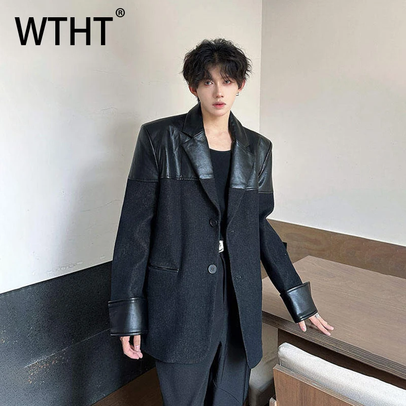 

WTHT модный мужской кожаный джинсовый пиджак с подплечниками, мода 2021, летняя свободная куртка с длинными рукавами и лацканами, мужская 2A0995