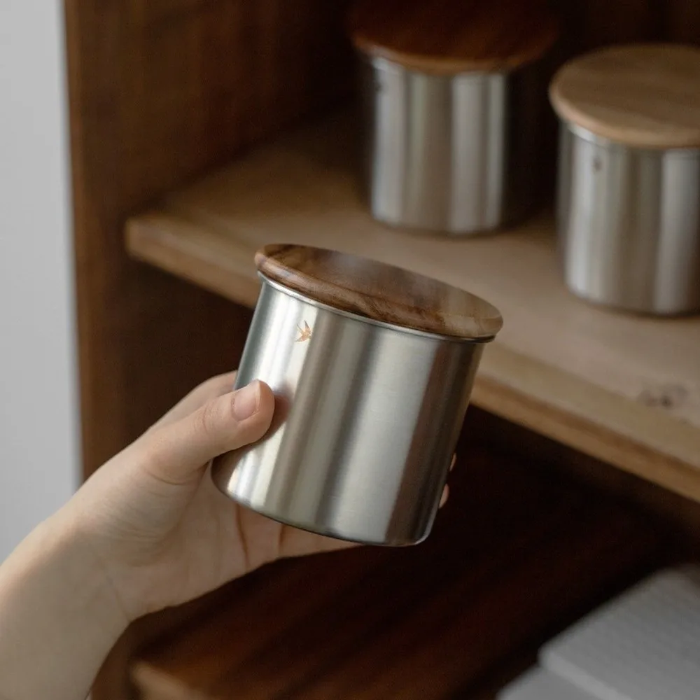New Stainless Steel Matcha Jar 380ml 560ml Wood Lid Food Storage Containers Large Capacity Tea And Coffee Jar Kitchen view 4