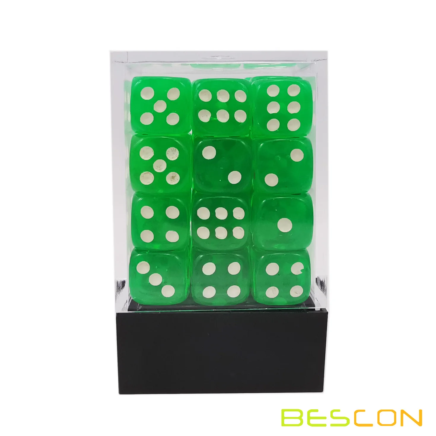 Bescon 12mm 6 Sided Dice 36 in Brick Box, 12mm Six Sided Die (36) Block of Dice, Translucent Green with White Pips