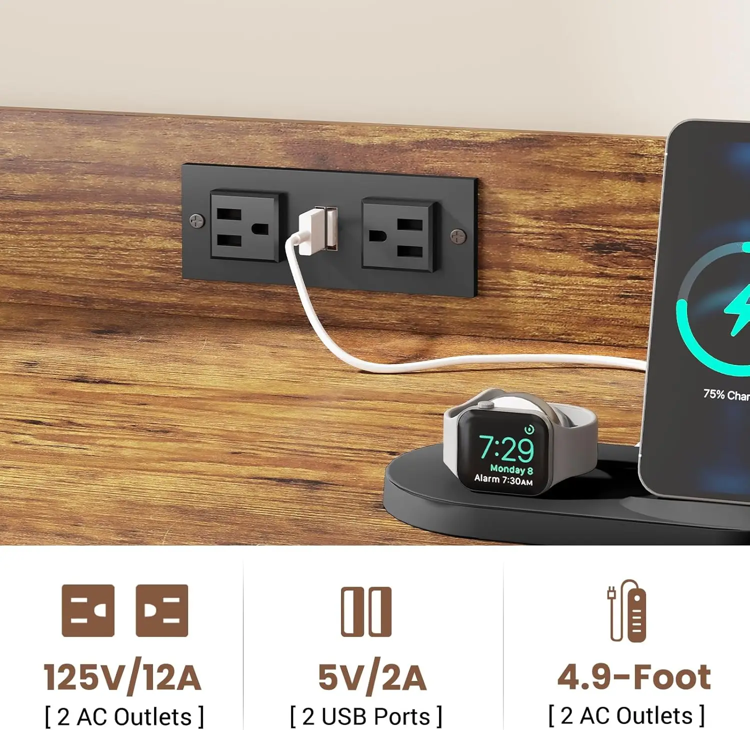 Armário para Home Office, 2 gavetas com Power Strip, se encaixa em tamanho A4 carta, 35,4 polegadas