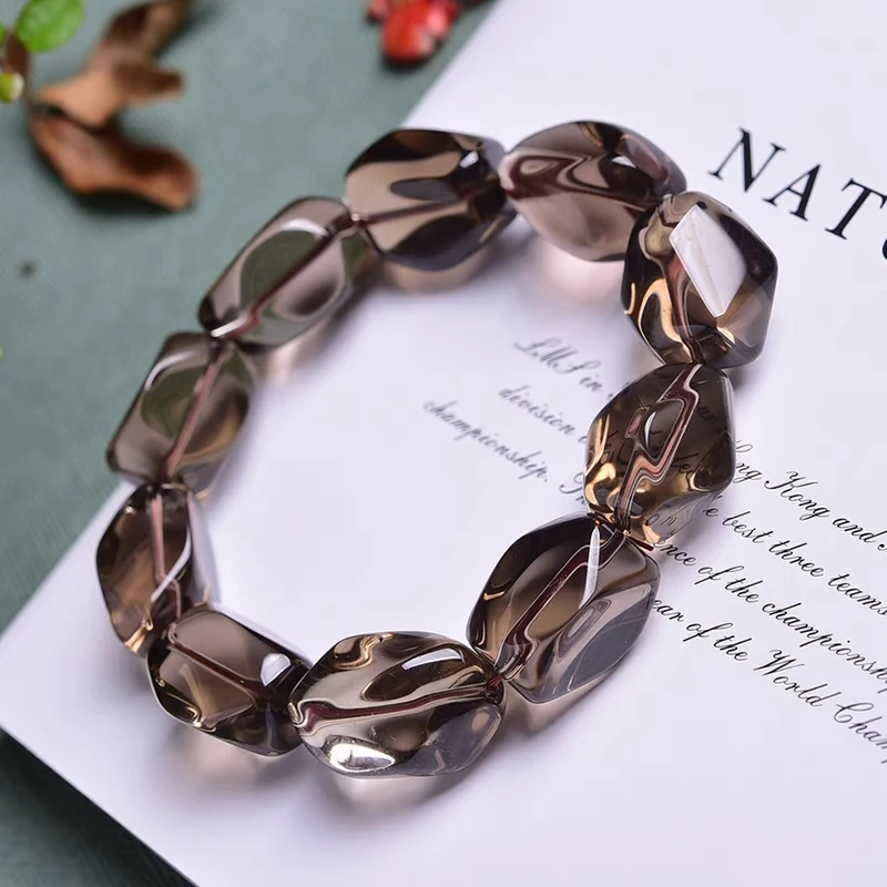 Natural Brown Smoky Quartz Crystal Stretch Bracelet Faceted Oval Beads Women Men Big Size 18x13mm Smoky Quartz Rare AAAAAA