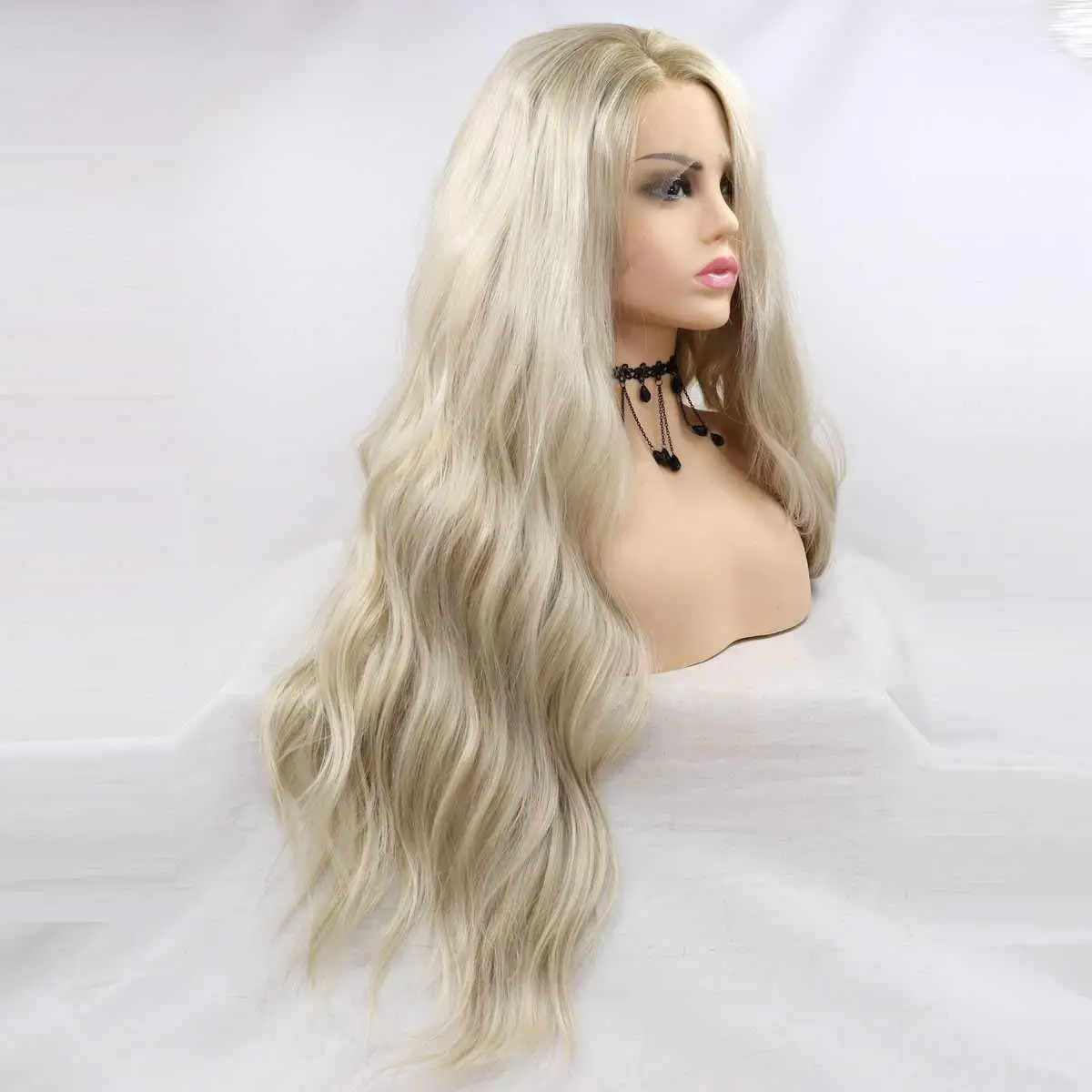 

Sylvia Long Blonde Wavy Wig with Light Brown Root Synthetic Lace Front Side Part Soft Wavy Hair Wig