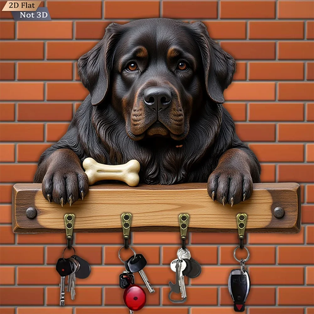 2D Flat, 1pc, Dog with Bone Key Hook, Wooden Multifunctional Home House Key Hook, with Four Metal Hooks, Wall Decoration, Porch
