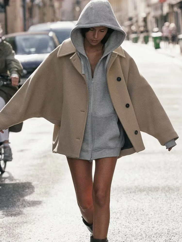 

Autumn Winter Women's Batwing Sve Mixed Woolen Cloak Coat Sweet Sle Coat Long Sve Medium Length Single Button Closure