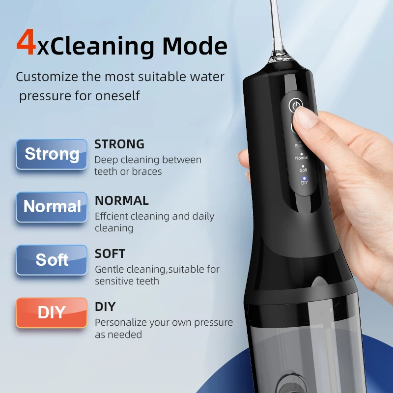 Portable Dental Oral Irrigator Water Flosser Thread Teeth Pick Mouth Washing Rechargeable 140PSI Waterproof 4 Nozzles 4 Mode DIY