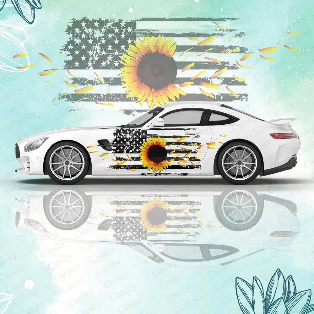 Custom Sunflower US Flag Car Body Sticker Vinyl Side Decal Body Wrap Cover  Auto Accessories Decoration Protective Film Gift