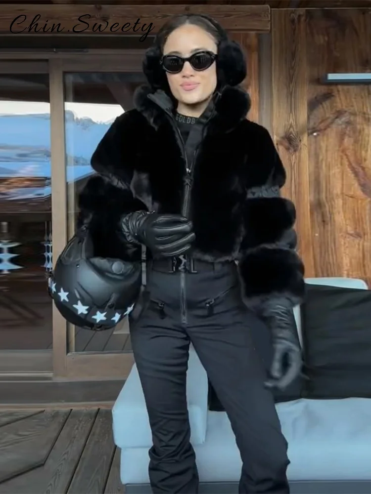 بدلة تزلج نسائية دافئة مرقعة من الفرو بدلة قفز سوداء بياقة واقفة وأكمام طويلة وسحاب وحزام حللا موضة جديدة لعام 2025