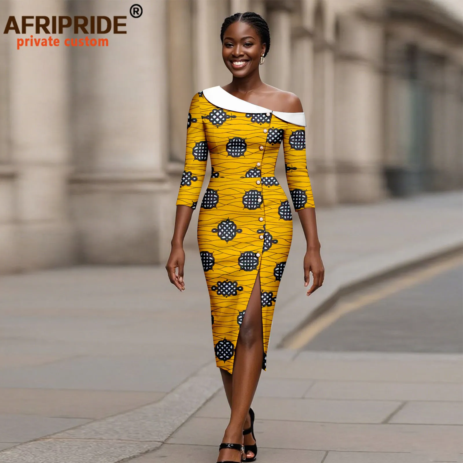 African Dresses for Women Off Shoulder Half Sleeve Single Breasted High Waist Elegant Print Knee Dress Party Attire 2525133