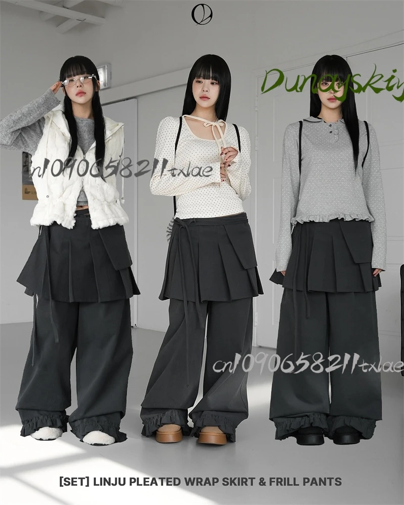 

Y2K Detachable Long Pants Women Korean Ins Pleated Skirt Tie Up Two-piece Set Lace Solid Color Long Pants Short Skirt Trend New