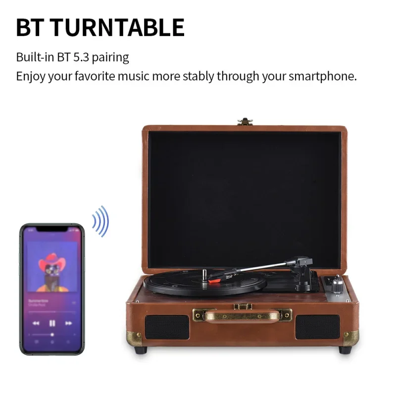 Vintage Portable Handheld Vinyl Record Player, Turntable Three Speed Adjustable Ruby Stylus Bluetooth 5.0 Cube Sound Output