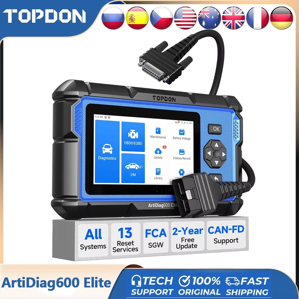 Professional Car Diagnostic Tool TOPDON ArtiDiag600 Elite Full System Scan CAN-FD FCA AutoAuth 13+ Services OBD2 Scanner Code Reader