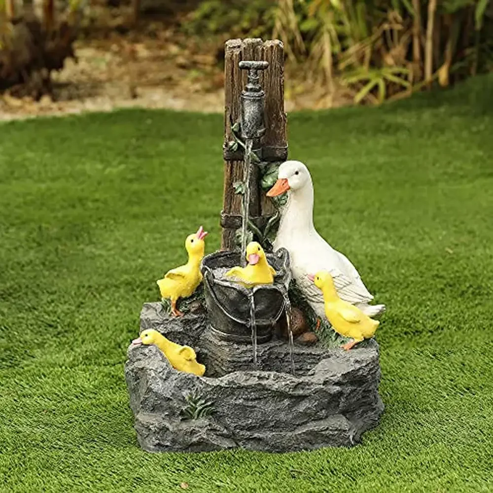 

Farmhouse Resin Duck Family Bath Fountain Tiered Waterfall Outdoor Garden Decor 24 inch