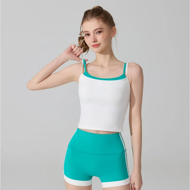 Summer Woman Yoga Fake Two Piece Contrast Color With Chest Pad Tank Tops High Waist Butt-lifting Shorts Sports Fitness Vest