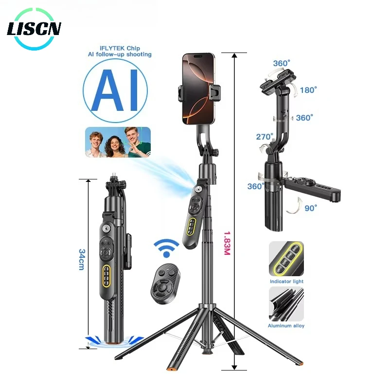 

LISCN Q625 1,83M AI 360° ° Держатель для отслеживания лица, пульт дистанционного управления, антивибрационная палка для селфи, штатив с подсветкой, автоматическое открытие для телефона