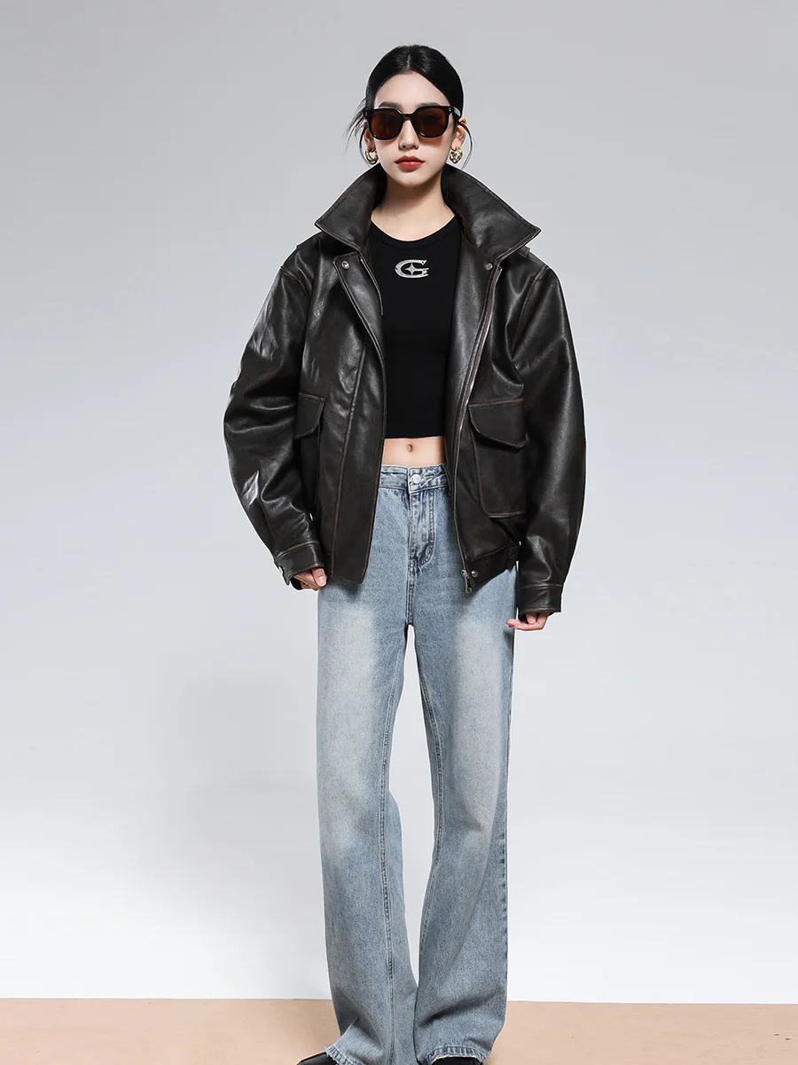 Lautaro 春秋クールショートヴィンテージユーズド加工ブラウン Pu レザージャケット女性ターンダウン襟黒アメリカンレトロ服