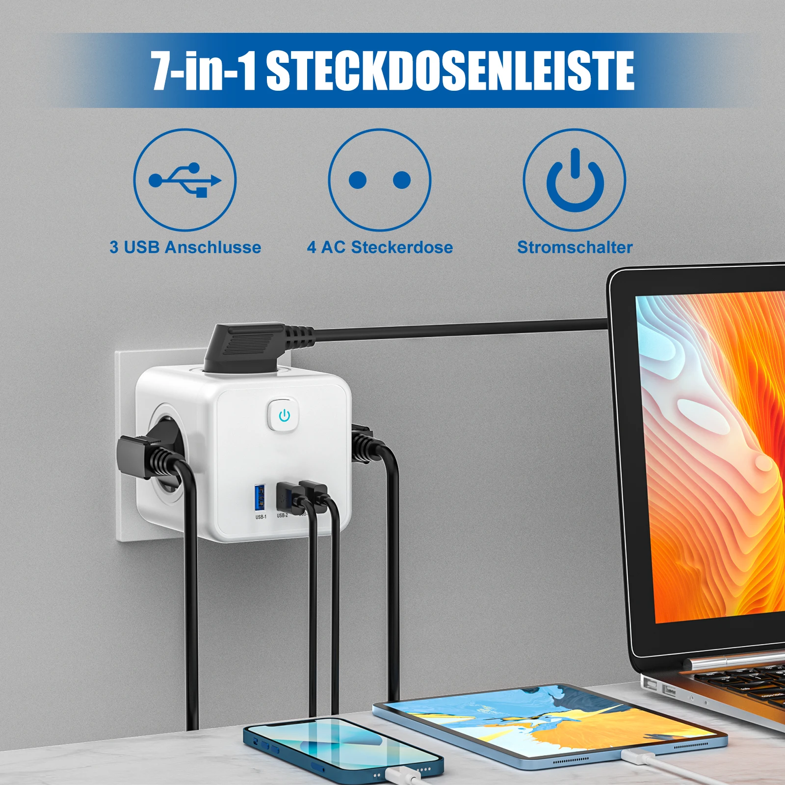 

Многофункциональная мини-портативная розетка 7-в-1, интерфейс 4AC + 3USB, защита дверей, подходит для дома, офиса и путешествий.