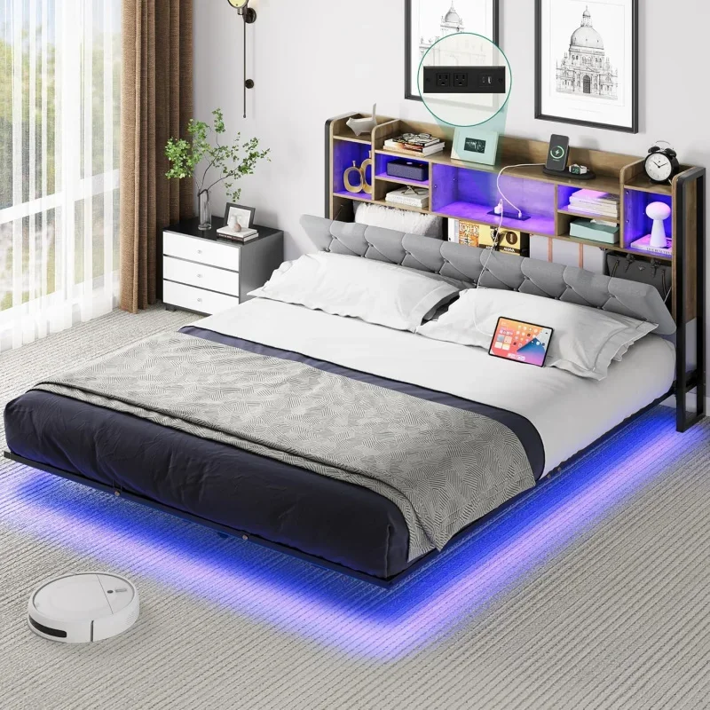 YITE Queen Size Floating Bed Frame,Upholstered Platform Bed with RGB LED Lights,Headboard Storage,and Charging Station,No Bo